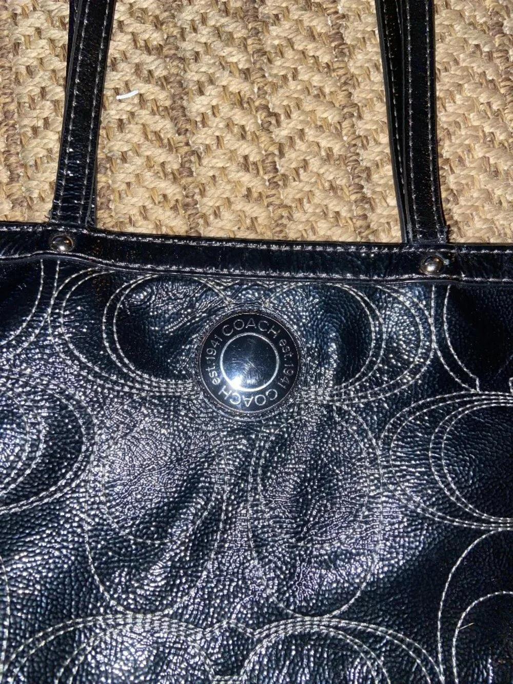 Coach signature black patent tote bag F19256 EUC